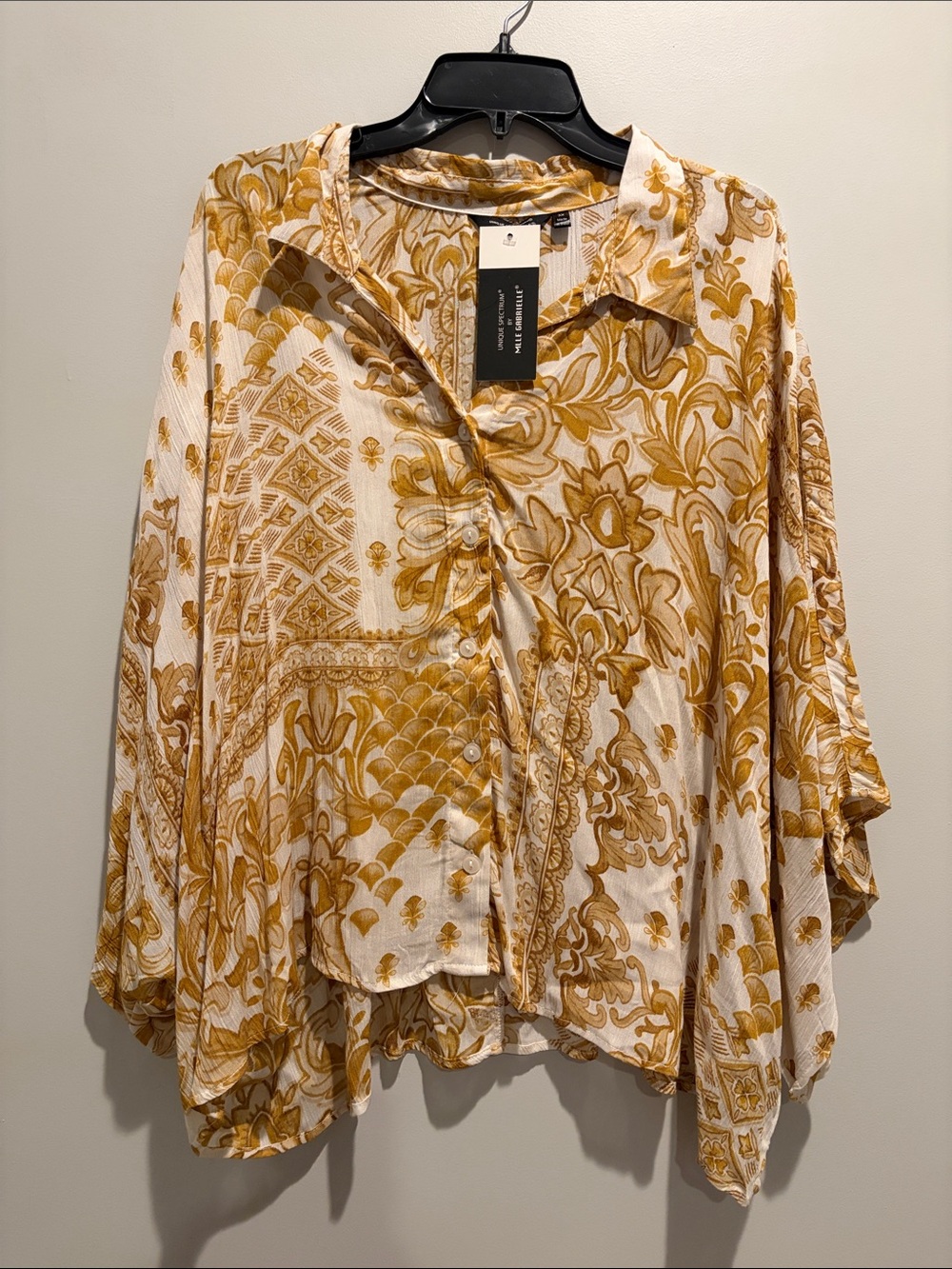 Mlle Gabrielle Mustard Paisley Print Button-Down Blouse